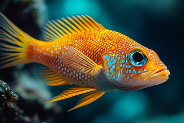 Obraz premium Vibrant Orange Spotted Fish Swims in Ocean Depths