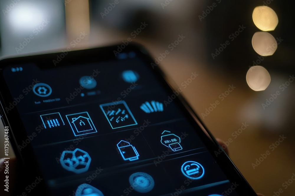 Poster modern smart home interface with icons for automation displayed on a smartphone screen.