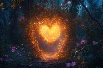 Fototapeta premium A magical scene of a glowing heart - shaped portal surrounded by vines and flowers, leading to an enchanted forest. Text space is in the upper section Valentine’s Day card