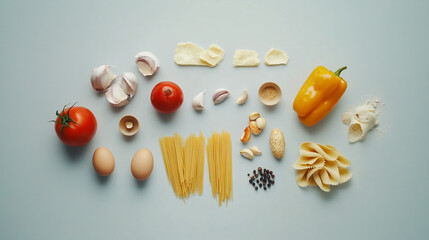 Colorful arrangement of fresh ingredients for a delicious meal preparation on blue surface
