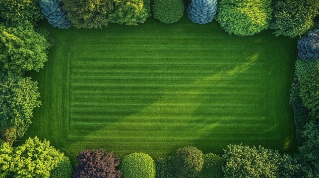 Aerial view of symmetrical lawn with striped mowing pattern and lush trees
