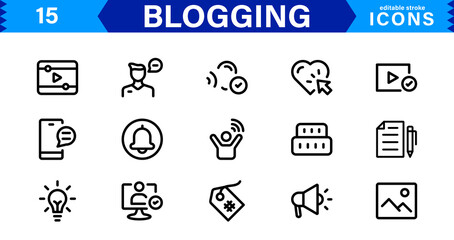 Professional Blogging Icons. Flat, Minimal for Writers, Bloggers, Websites, Content Creation, SEO, and Digital Marketing