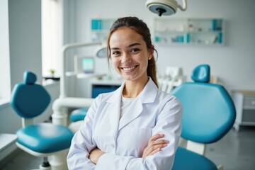 Professional Dental Clinic Portrait of Smiling Female Dentist in Modern Office Setting, Ideal for Medical Website or Advertising