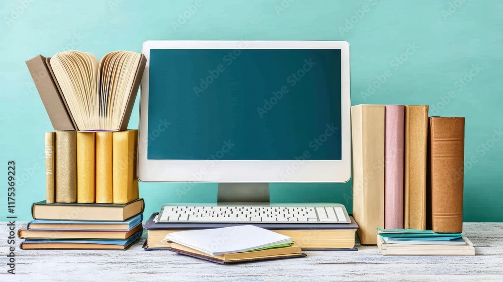 Aufkleber desktop computer with stacks of books and notepads