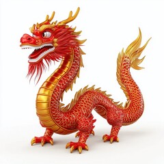 A Chinese dragon in a parade, festival scene, 3D illustration, vibrant red and gold, isolated on white background