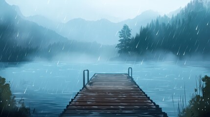Rainy Day Lake Scene with Wooden Dock and Mountains