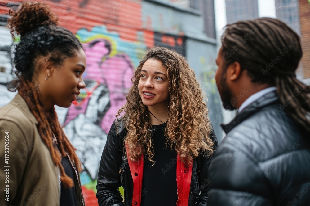 Poster multiracial group of professionals networking and exchanging ideas in an urban setting