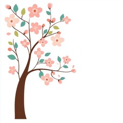 A peach blossom tree clipart, floral element, hand-painted illustration, pink and green, isolated on white background