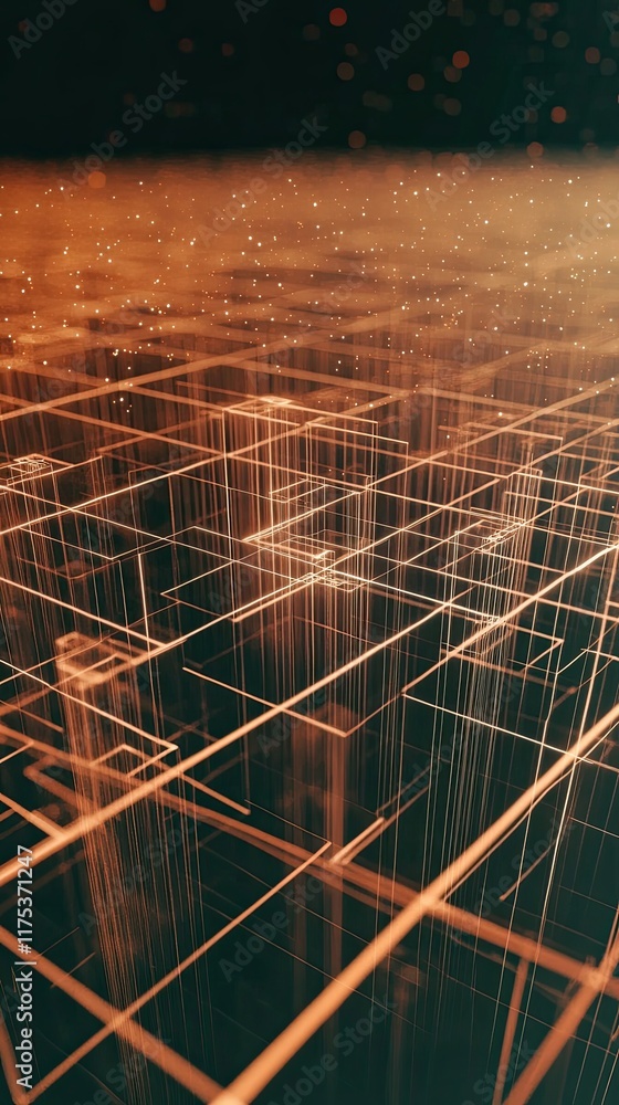 Poster glowing grid of lines extending into an endless horizon with vibrant illumination against darkness