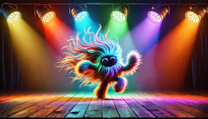 A depiction of a small adorable monster made entirely of long colorful fur dancing joyfully on a stage.