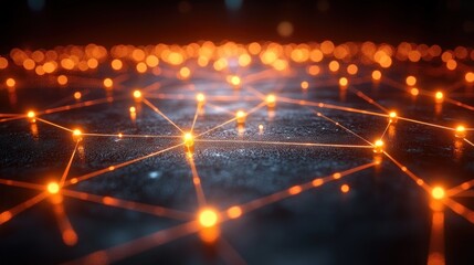 Abstract network connection glowing nodes and lines on dark background.
