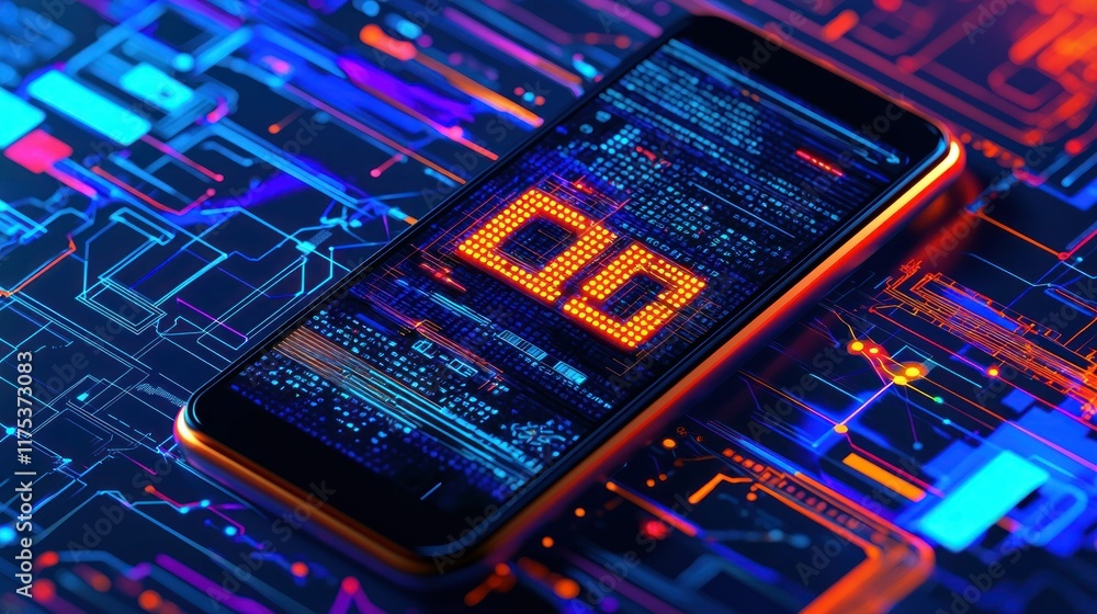 Poster digital countdown: smartphone displaying 00 on futuristic circuit board