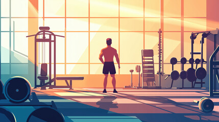 Obraz premium Man in the gym, professional fitness athlete in the gym, healthy way of life, gym and fitness equipment, indoor sport, vector art poster, health poster, ultra high resolution