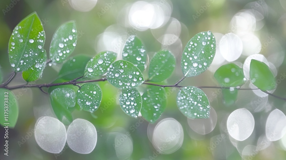 Poster close up of vibrant green leaves adorned with dew drops creating a serene botanical ambiance