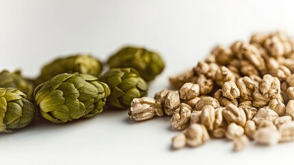 Obraz premium Fresh Green Hops and Golden Wheat in a Vibrant Display of Nature's Bounty