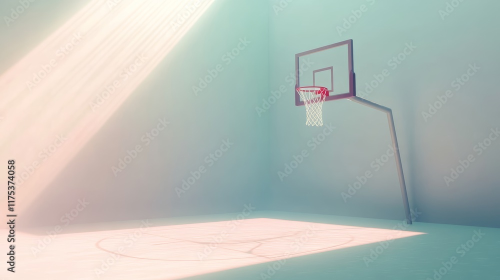 Poster Sunbeams illuminate an empty basketball court with hoop in a 3d render, creating a serene and minimalist sports background