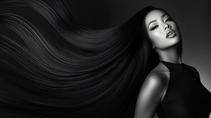Naklejka premium Elegant Black and White Portrait of a Woman with Long, Flowing Hair