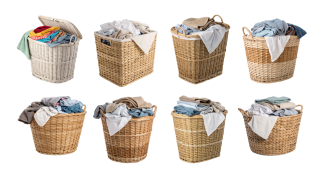 Set Collection of laundry wicker baskets with clothes in white transparent PNG. Multiple design styles for creating custom mockups, ideal for artwork and digital design content creation