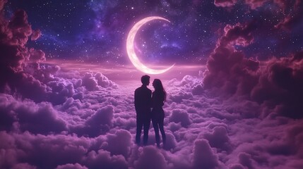 Fototapeta premium Celestial Romance: A Couple Silhouetted Against a Dreamlike Nightscape of Clouds and a Crescent Moon