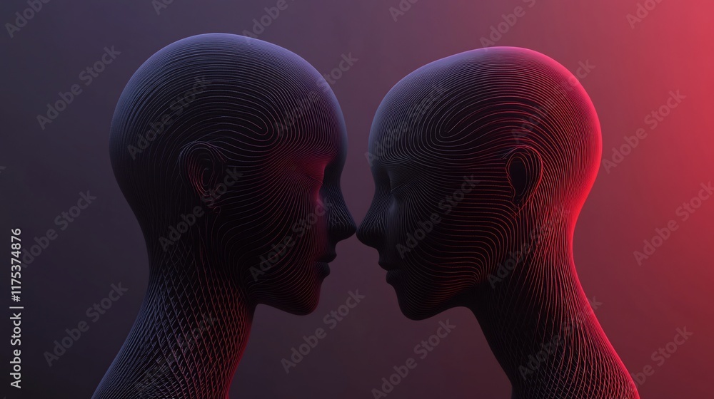 Poster Two stylized heads facing each other, featuring intricate line patterns and a gradient background.