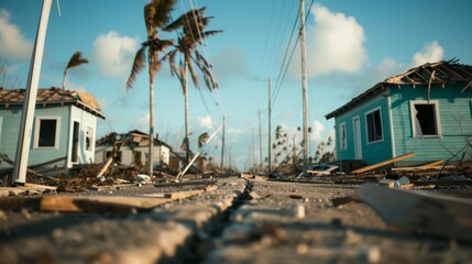 A rural area devastated by severe weather, with damaged homes and fallen power lines, showing the widespread impact of natural disasters on remote communities