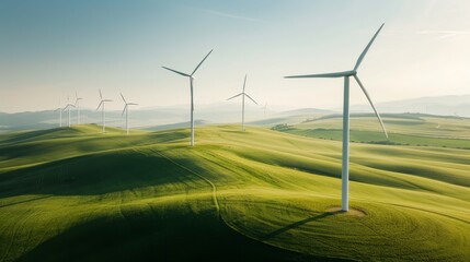 An aerial view of a rural wind farm featuring rows of wind turbines and expansive fields Emphasize the role of rural communities in embracing renewable energy sources