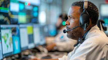 Emergency response professionals monitoring multiple weather radar displays at metropolitan operations center during severe storm season, coordinating critical disaster preparedness efforts