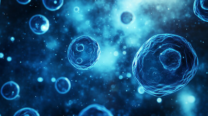 The image shows a microscopic view of blue cells floating in a dark, starry background, resembling a space scene.