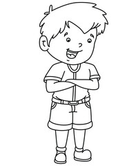 Cute cartoon hand drawn vector smiley boy coloring page.