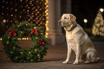 Labrador retriever with festive holiday wreath and twinkling lights.