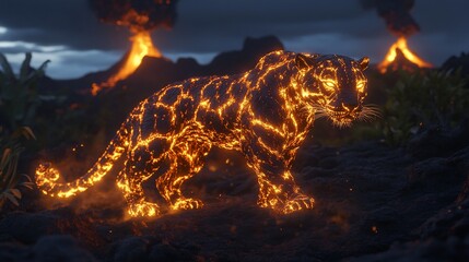 Fiery Jaguar Emerging from Volcanic Eruption