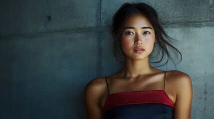 Serene Portrait of a Young Woman Against a Concrete Wall
