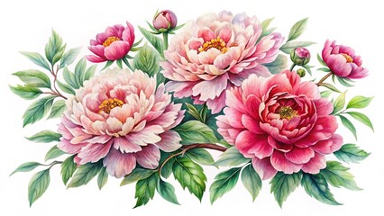 Vintage Chinese peony flowers watercolor isolated
