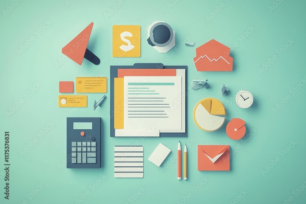 Poster payroll processing visuals with financial tools and scheduling icons for employee compensation manag