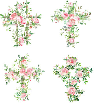 A collection of watercolor floral crosses adorned with pink roses, green leaves, and delicate foliage on a white background.
