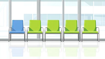 A blue chair stands out among a row of green chairs in a waiting room with large windows and reflective floors. Great for diversity and inclusion concepts.