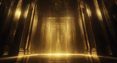 A golden stage with lights shining on the ground, creating an atmosphere of gold particles and glow effects
