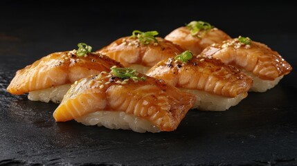Perfectly crafted salmon sushi nigiri on a dark textured background, styled with subtle garnishes for an authentic look.