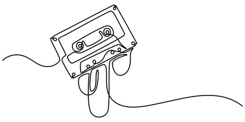 Old school audio cassette continuous line vector illustration, One continuous line drawing of audio cassette tape with notes. Retro and nostalgic music and mixtape concept for web banner in simple.