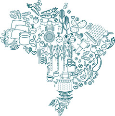 Map of Brazil formed by icons related to Food Production - Seed, vegetables and fruits, plantation and final product