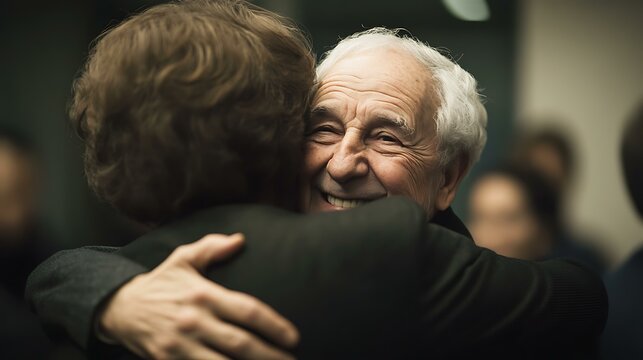 A retiree hugging coworkers at an office farewell party