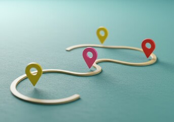A minimalistic 3D representation of a winding map route with colorful location pins