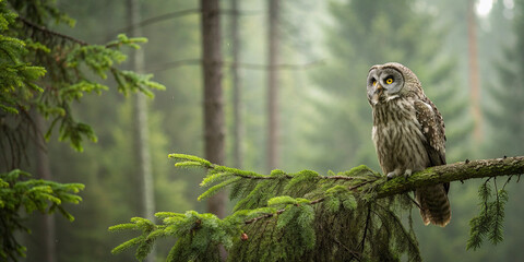 A Charming Close-Up of an Owl on a Fir Tree Branch for Nature Lovers