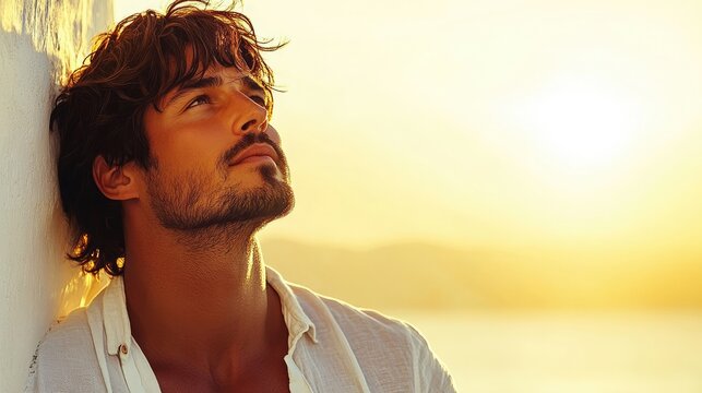 A man with long brown hair and a beard looks up at a golden sunset. Perfect for travel, lifestyle, or fashion applications.