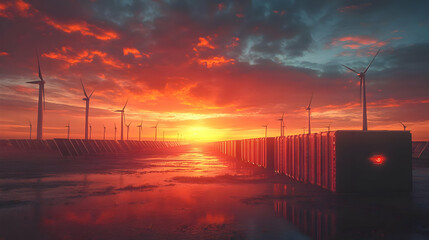 Sunset over Wind and Solar Farm 3D Illustration