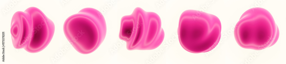 Fototapete Set of glossy pink glitched blobs on a white background. Colection of 3D abstract shapes for design projects.