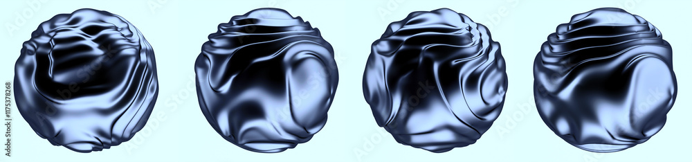 Poster collection of glitched and distorted spheres made of glossy black material. set of 3d illustrations 
