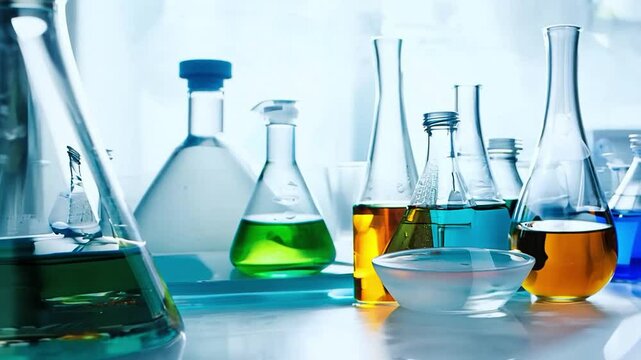 A chemistry lab with lots of glass flasks with different colored liquids.