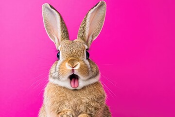 Obraz premium Playful bunny with a shocked expression on a bright pink background.