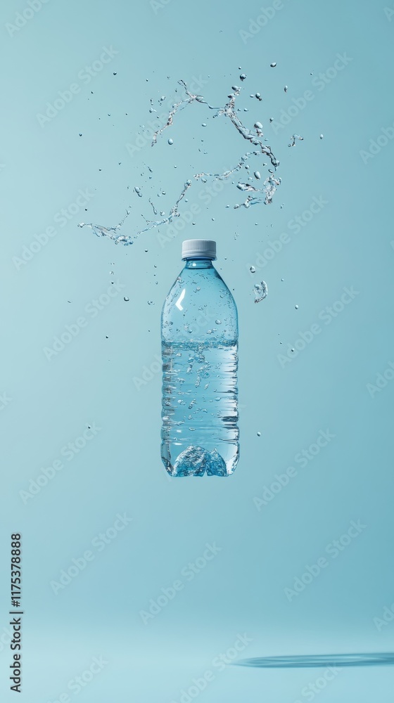 Poster studio shot of refreshing water splashing from a plastic bottle floating on a light blue background,